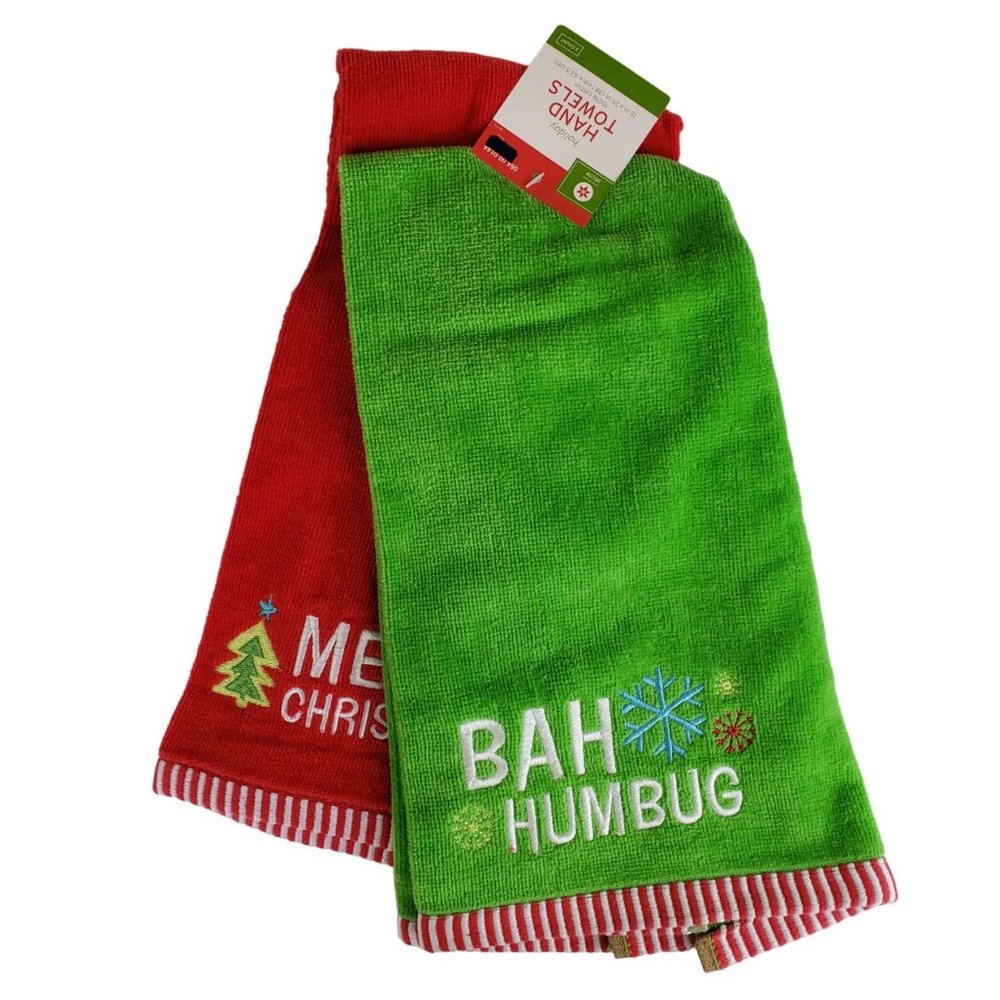 Set of 2 Bah Humbug Christmas Hand Dish Towels NWT